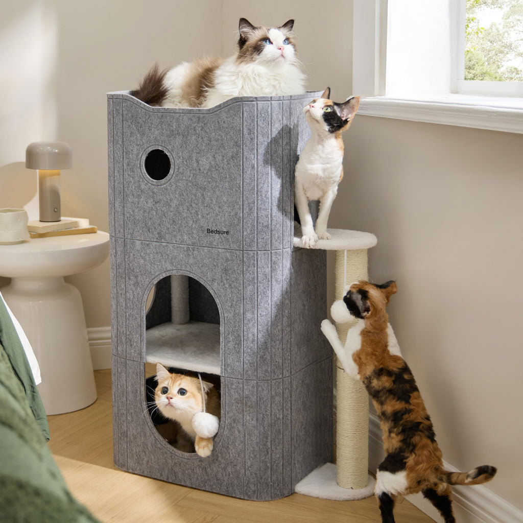 Bedsure Cat Beds for Indoor Cats - Large Cat Cave for Pet Cat House with Fluffy Ball Hanging and Scratch Pad, Foldable Cat Hideaway, 16.5x16.5x13 inches, Grey
