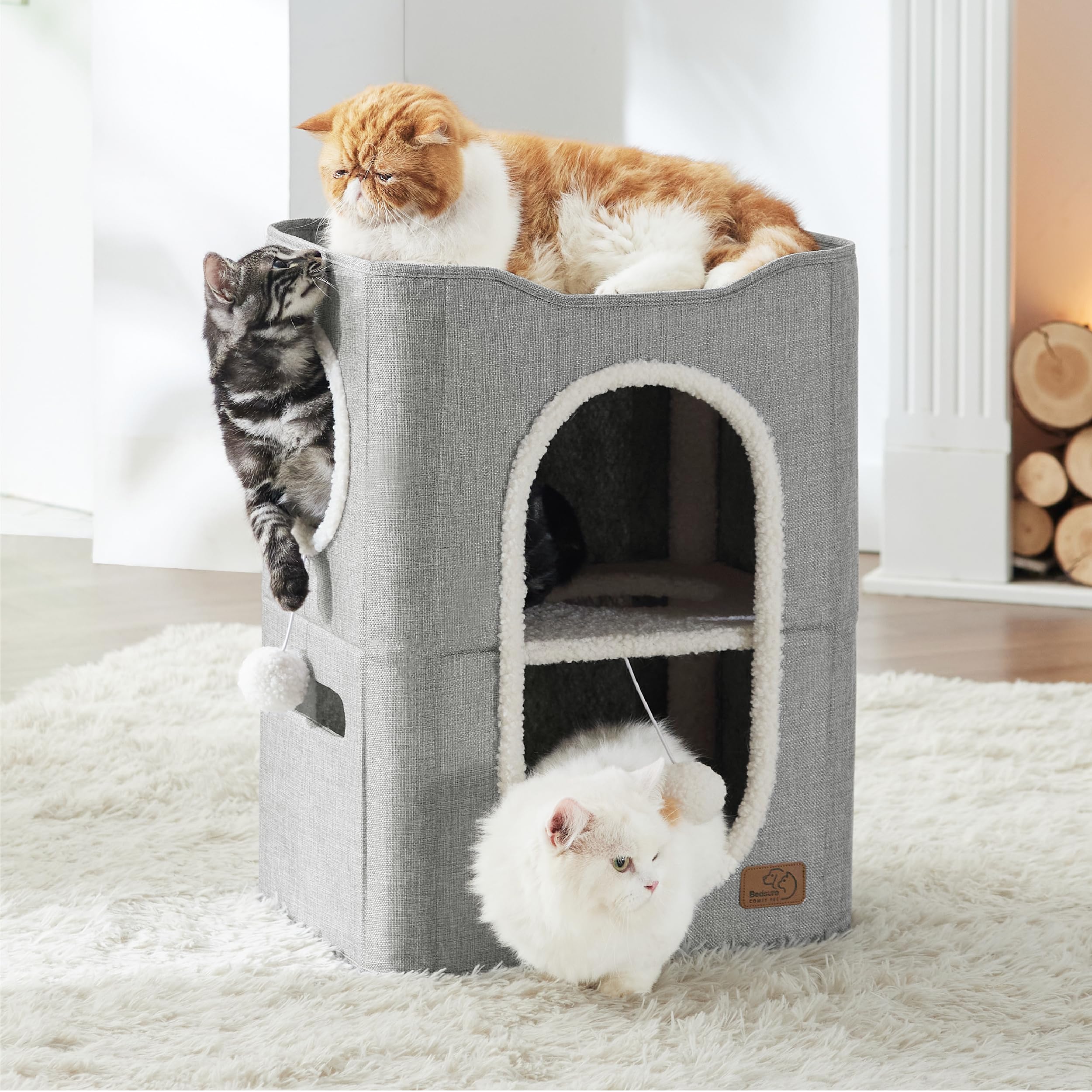 Bedsure Cat Beds for Indoor Cats - Large Cat Cave for Pet Cat House with Fluffy Ball Hanging and Scratch Pad, Foldable Cat Hideaway, 16.5x16.5x13 inches, Grey