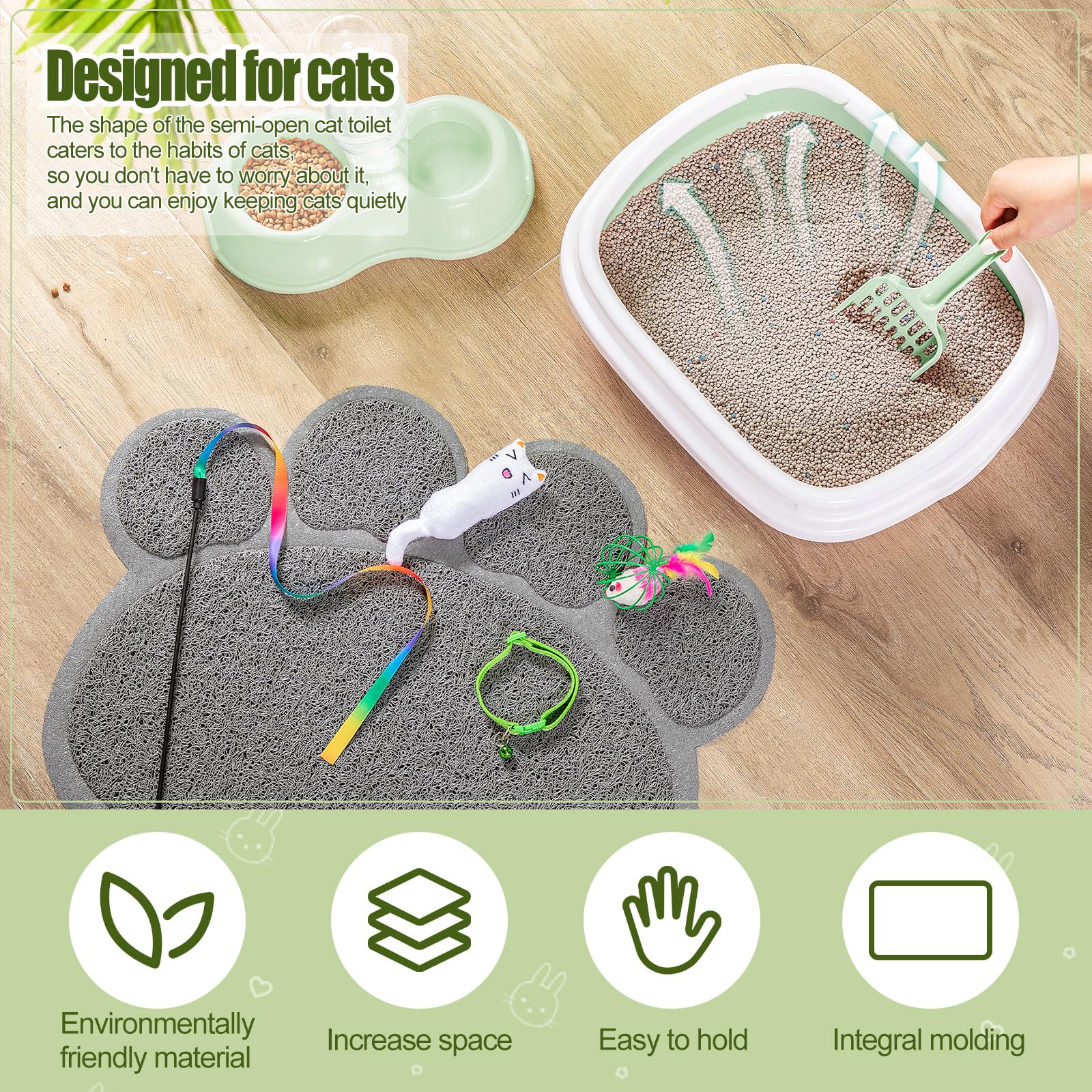 7 Pcs Small Cat Kitten Starter Kit Cat Litter Box with Shovel Paw Litter Mat Double Automatic Kitten Bowls Toy Teaser Stick Collar Essentials Kits for 1-3 Lbs Beginner(Simple,Blue)