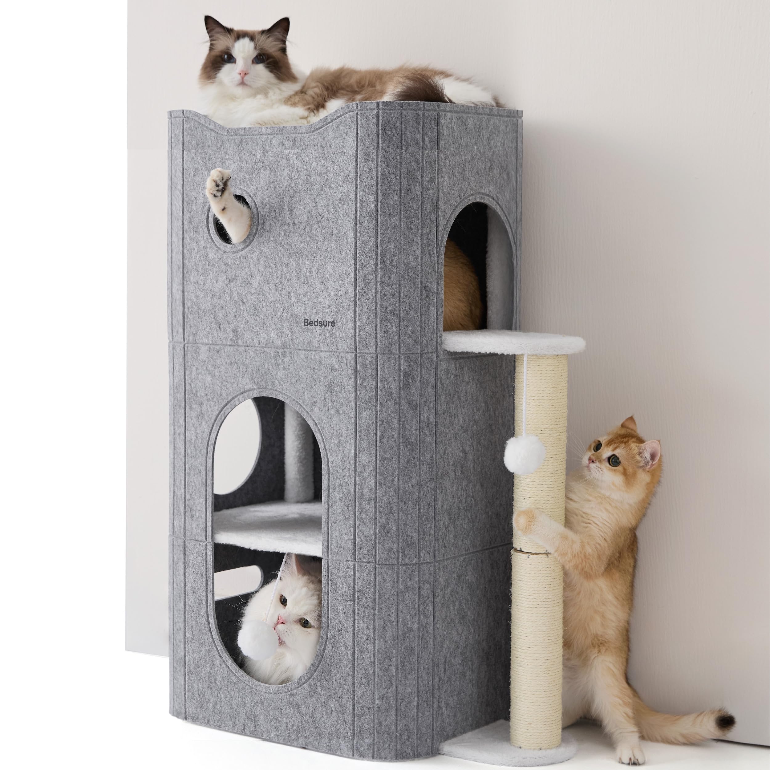 Bedsure Cat Beds for Indoor Cats - Large Cat Cave for Pet Cat House with Fluffy Ball Hanging and Scratch Pad, Foldable Cat Hideaway, 16.5x16.5x13 inches, Grey