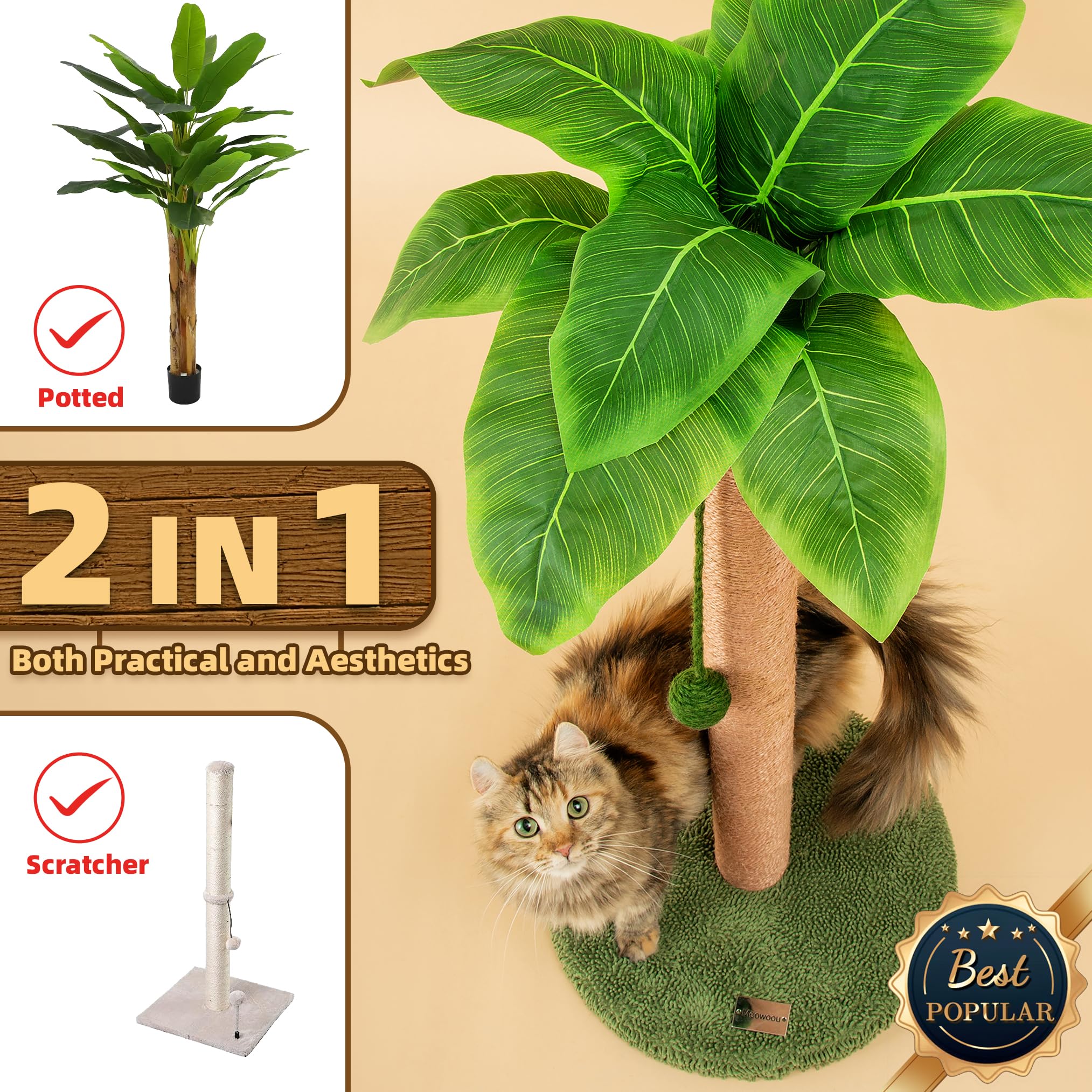 Meowoou Cat Scratching Post for Space-Saving,35” Tall Modern Monstera 3 Layer Cat Tree Tower with Sisal Rope Hanging Interactive Ball for Indoor Cats and Kitten Climbing,Play & Rest