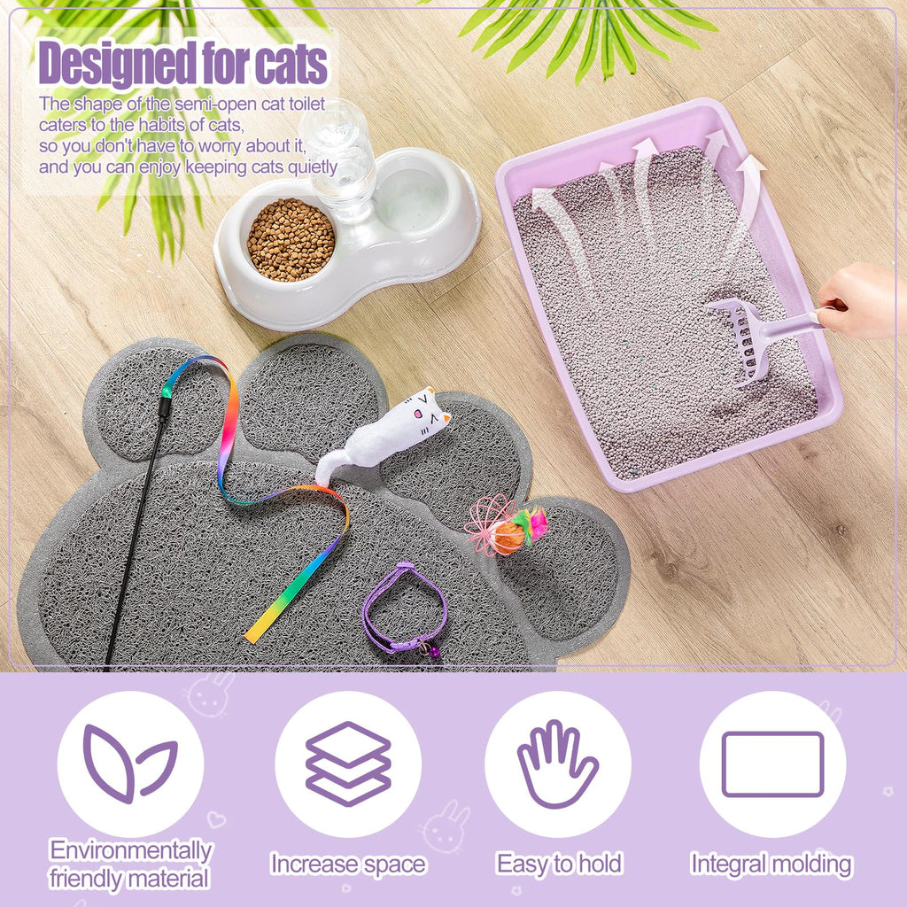 7 Pcs Small Cat Kitten Starter Kit Cat Litter Box with Shovel Paw Litter Mat Double Automatic Kitten Bowls Toy Teaser Stick Collar Essentials Kits for 1-3 Lbs Beginner(Simple,Blue)