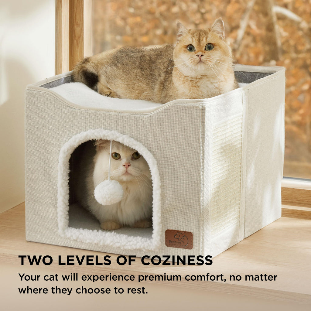 Bedsure Cat Beds for Indoor Cats - Large Cat Cave for Pet Cat House with Fluffy Ball Hanging and Scratch Pad, Foldable Cat Hideaway, 16.5x16.5x13 inches, Grey