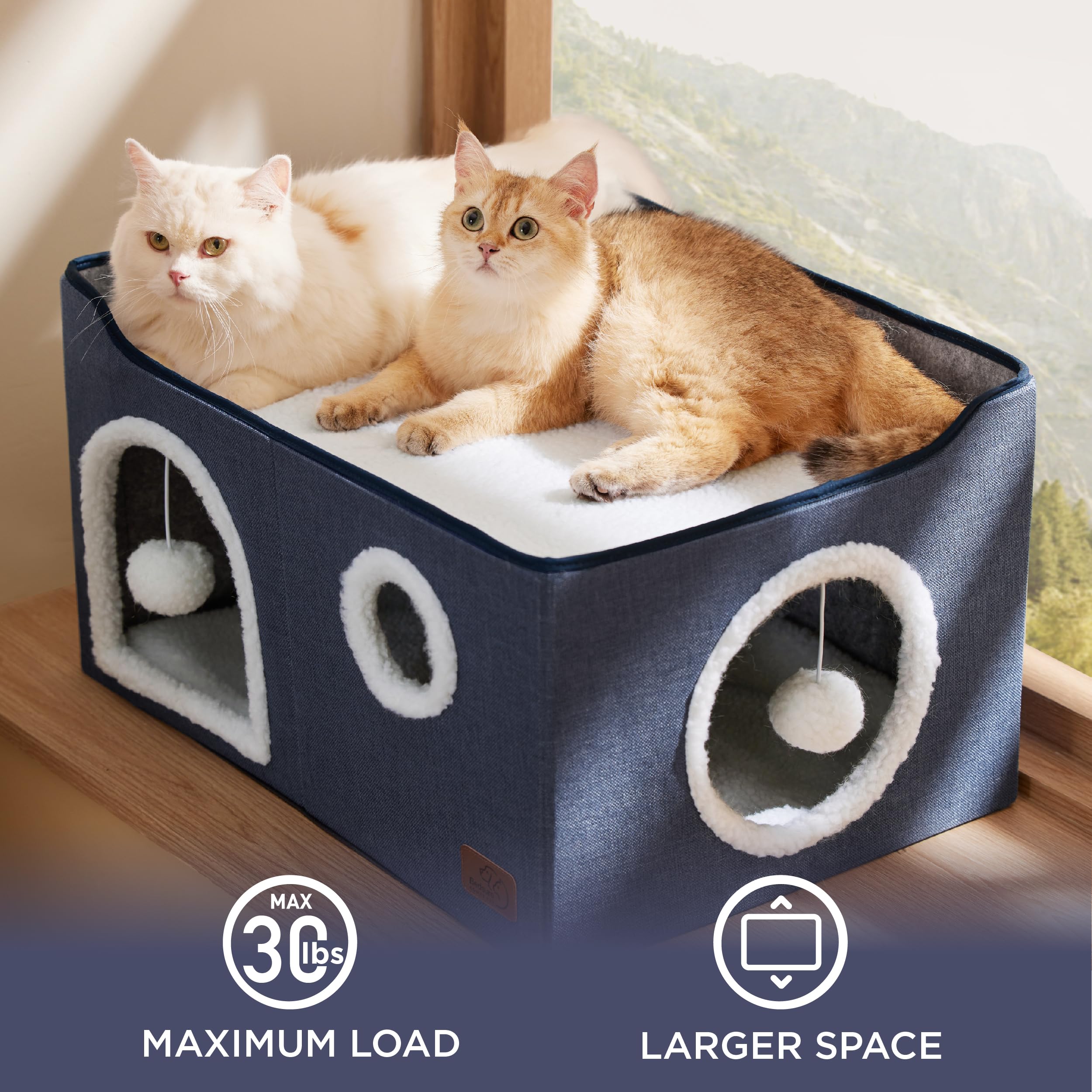 Bedsure Cat Beds for Indoor Cats - Large Cat Cave for Pet Cat House with Fluffy Ball Hanging and Scratch Pad, Foldable Cat Hideaway, 16.5x16.5x13 inches, Grey