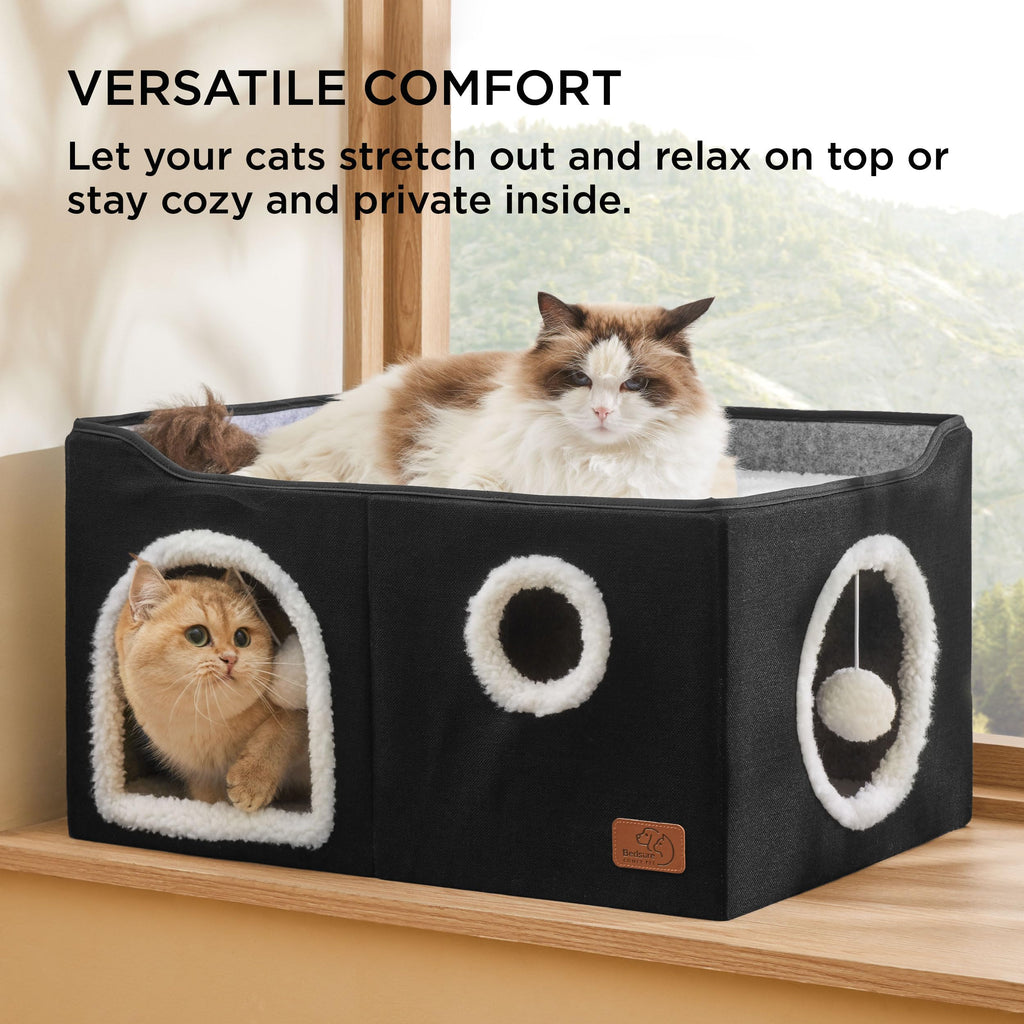 Bedsure Cat Beds for Indoor Cats - Large Cat Cave for Pet Cat House with Fluffy Ball Hanging and Scratch Pad, Foldable Cat Hideaway, 16.5x16.5x13 inches, Grey