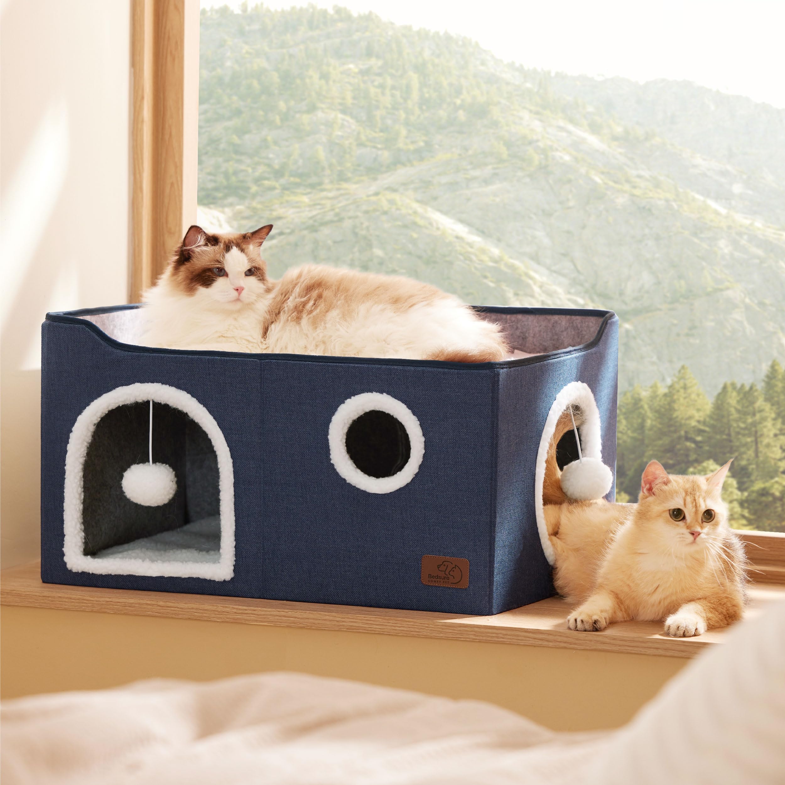 Bedsure Cat Beds for Indoor Cats - Large Cat Cave for Pet Cat House with Fluffy Ball Hanging and Scratch Pad, Foldable Cat Hideaway, 16.5x16.5x13 inches, Grey