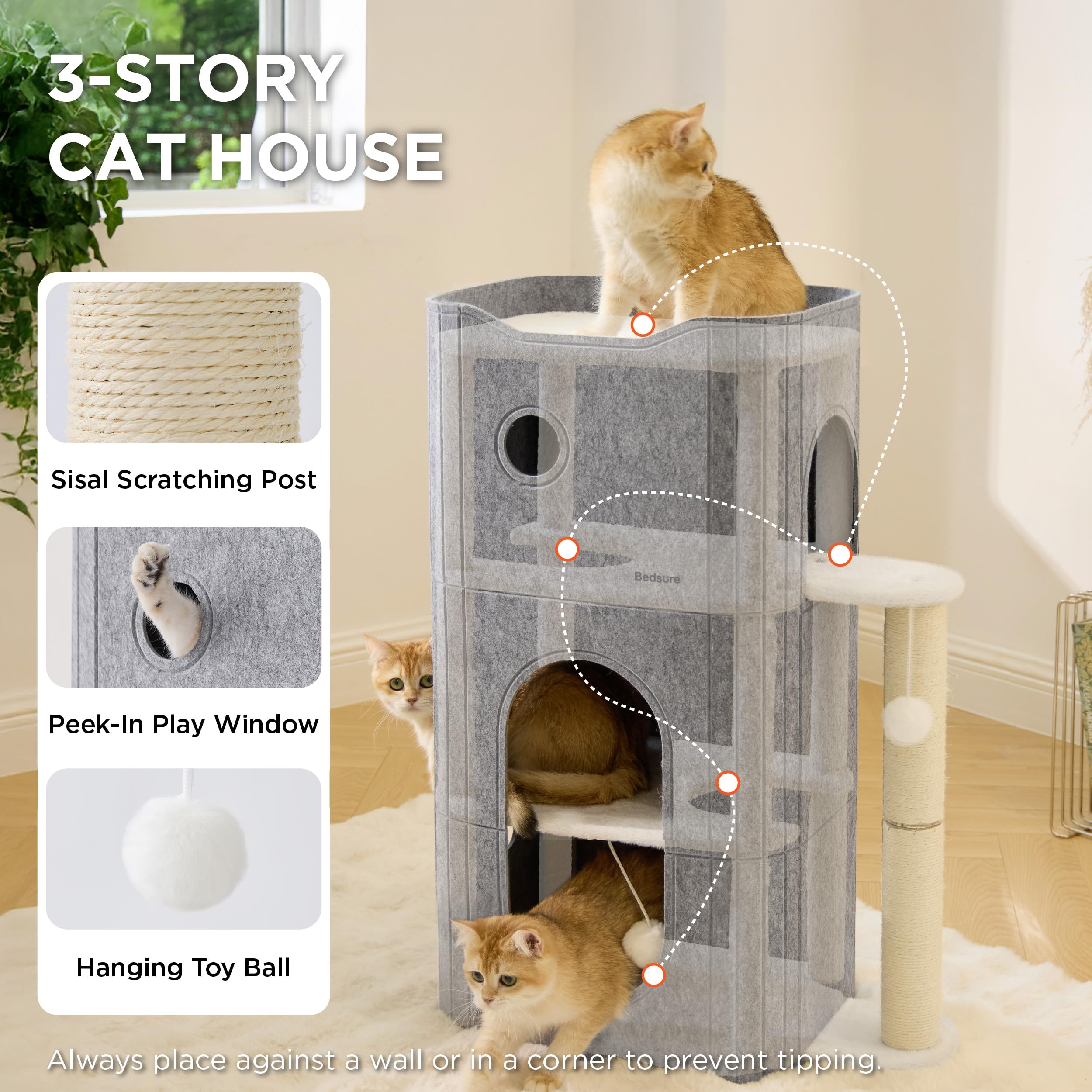 Bedsure Cat Beds for Indoor Cats - Large Cat Cave for Pet Cat House with Fluffy Ball Hanging and Scratch Pad, Foldable Cat Hideaway, 16.5x16.5x13 inches, Grey