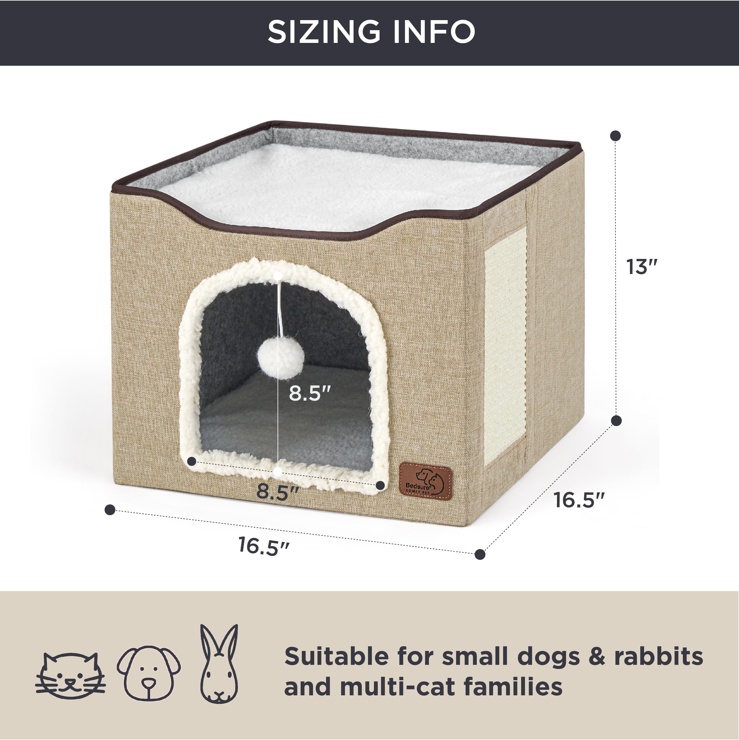 Bedsure Cat Beds for Indoor Cats - Large Cat Cave for Pet Cat House with Fluffy Ball Hanging and Scratch Pad, Foldable Cat Hideaway, 16.5x16.5x13 inches, Grey