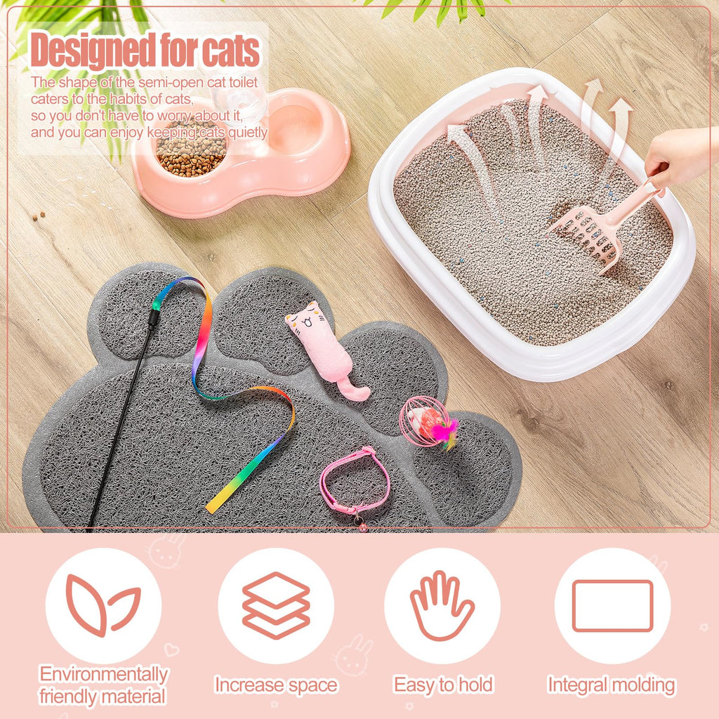 7 Pcs Small Cat Kitten Starter Kit Cat Litter Box with Shovel Paw Litter Mat Double Automatic Kitten Bowls Toy Teaser Stick Collar Essentials Kits for 1-3 Lbs Beginner(Simple,Blue)