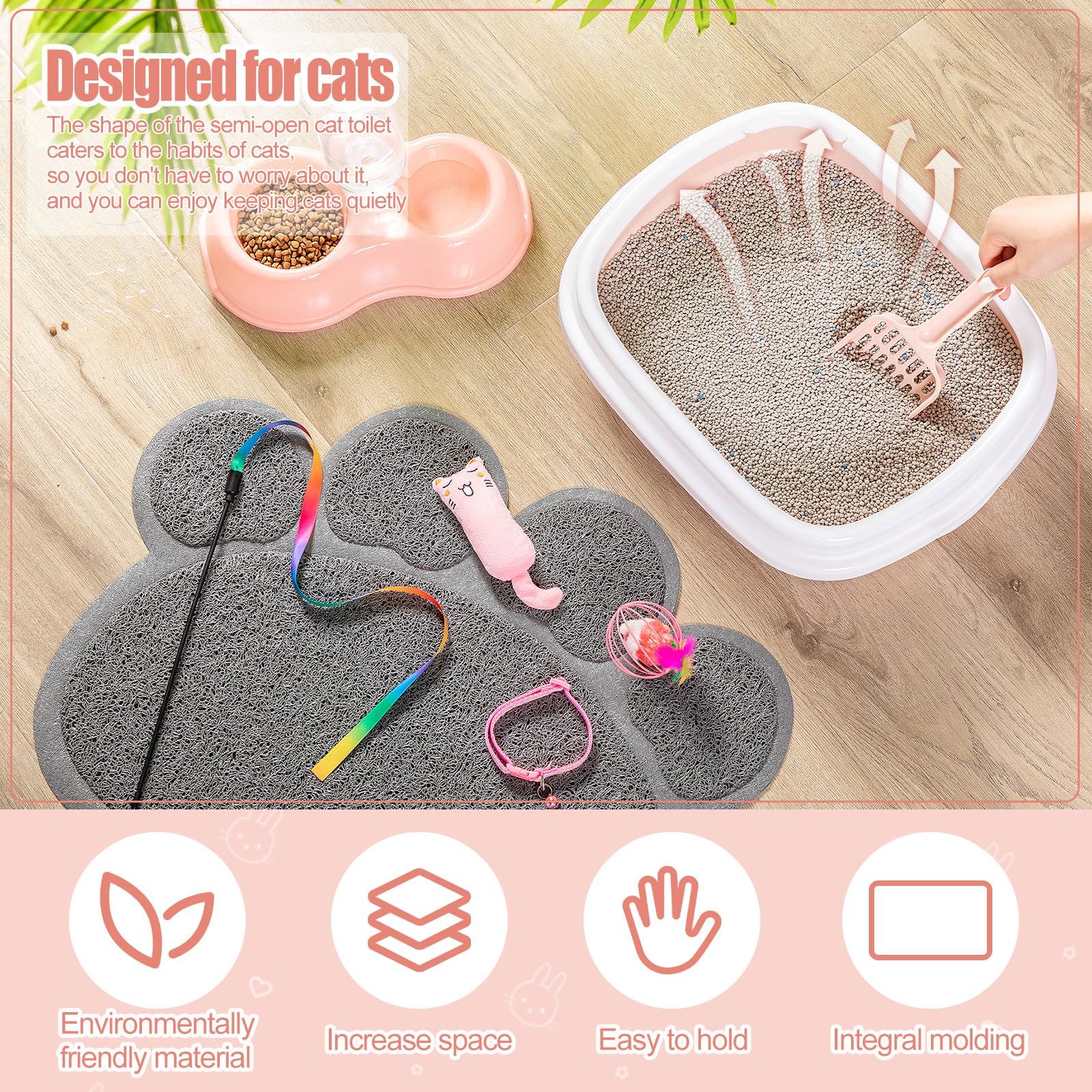 7 Pcs Small Cat Kitten Starter Kit Cat Litter Box with Shovel Paw Litter Mat Double Automatic Kitten Bowls Toy Teaser Stick Collar Essentials Kits for 1-3 Lbs Beginner(Simple,Blue)
