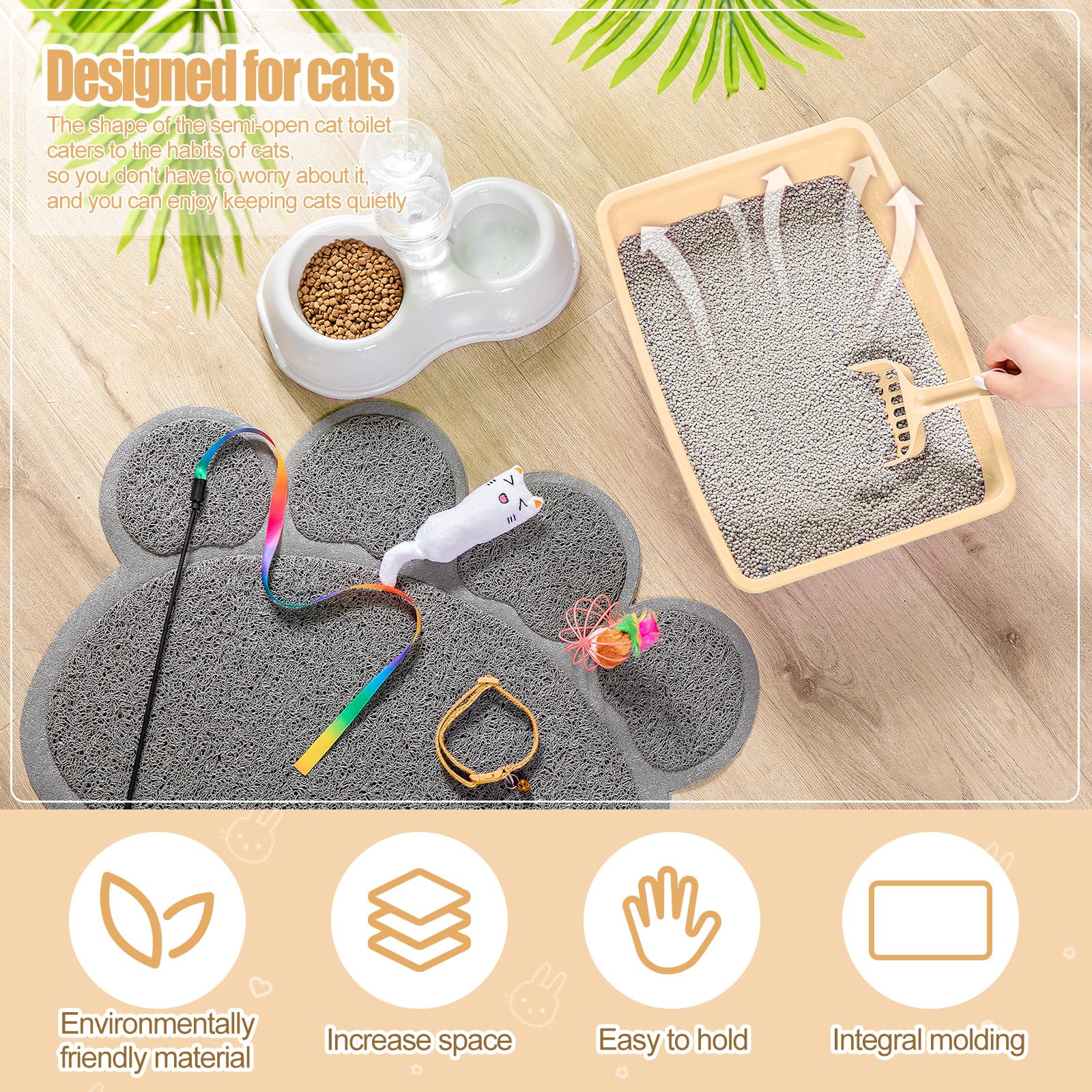 7 Pcs Small Cat Kitten Starter Kit Cat Litter Box with Shovel Paw Litter Mat Double Automatic Kitten Bowls Toy Teaser Stick Collar Essentials Kits for 1-3 Lbs Beginner(Simple,Blue)