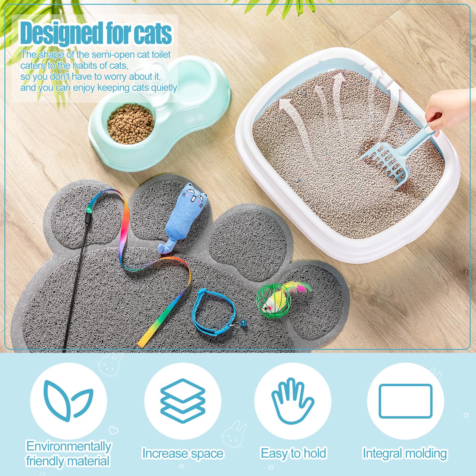 7 Pcs Small Cat Kitten Starter Kit Cat Litter Box with Shovel Paw Litter Mat Double Automatic Kitten Bowls Toy Teaser Stick Collar Essentials Kits for 1-3 Lbs Beginner(Simple,Blue)