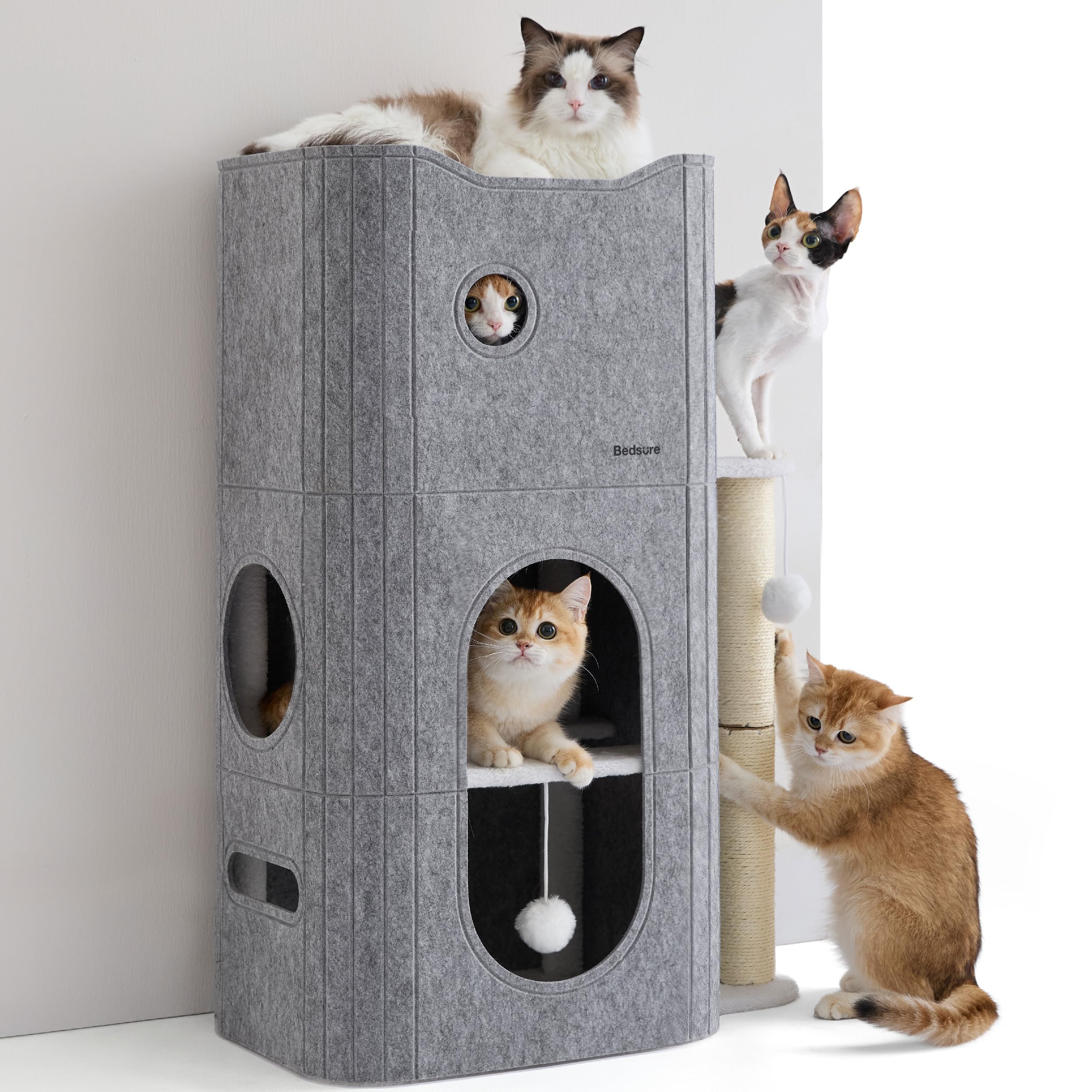 Bedsure Cat Beds for Indoor Cats - Large Cat Cave for Pet Cat House with Fluffy Ball Hanging and Scratch Pad, Foldable Cat Hideaway, 16.5x16.5x13 inches, Grey