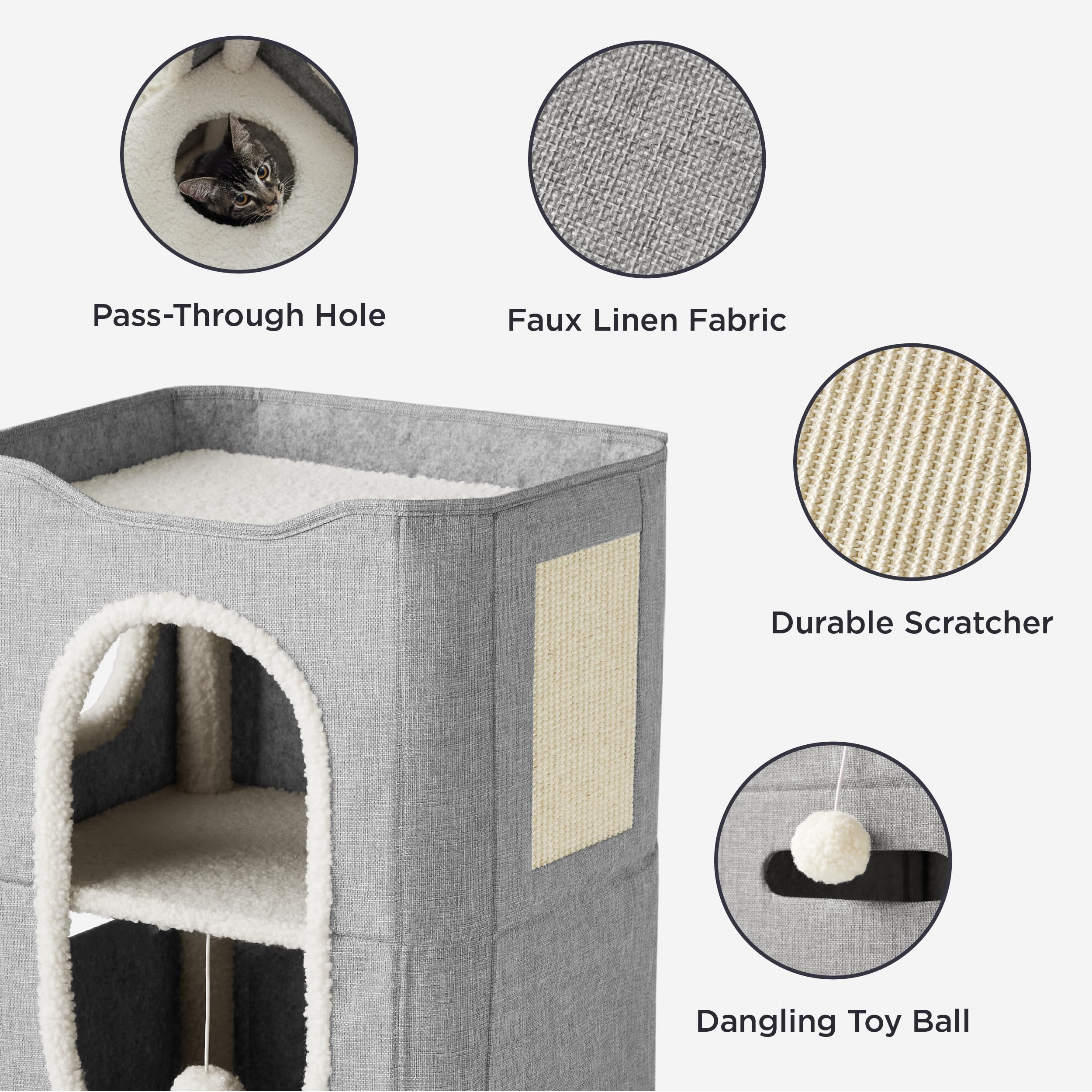 Bedsure Cat Beds for Indoor Cats - Large Cat Cave for Pet Cat House with Fluffy Ball Hanging and Scratch Pad, Foldable Cat Hideaway, 16.5x16.5x13 inches, Grey