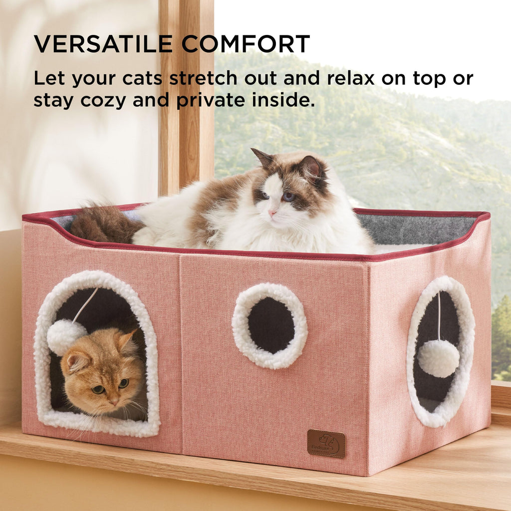 Bedsure Cat Beds for Indoor Cats - Large Cat Cave for Pet Cat House with Fluffy Ball Hanging and Scratch Pad, Foldable Cat Hideaway, 16.5x16.5x13 inches, Grey