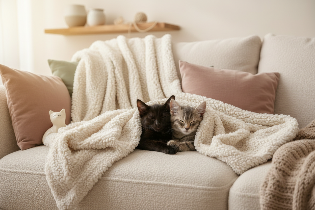 Black and Grey Tabby with Plush Blankets